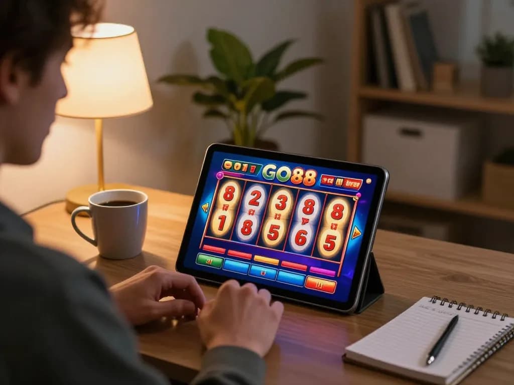 Engage with go88 online slot games in a cozy home setting, showcasing vibrant graphics and advanced gameplay.