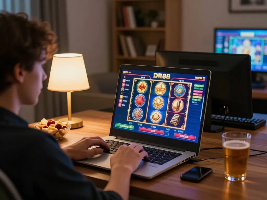 Gambling at home with DR88 online casino interface showing slot games for strategic play.