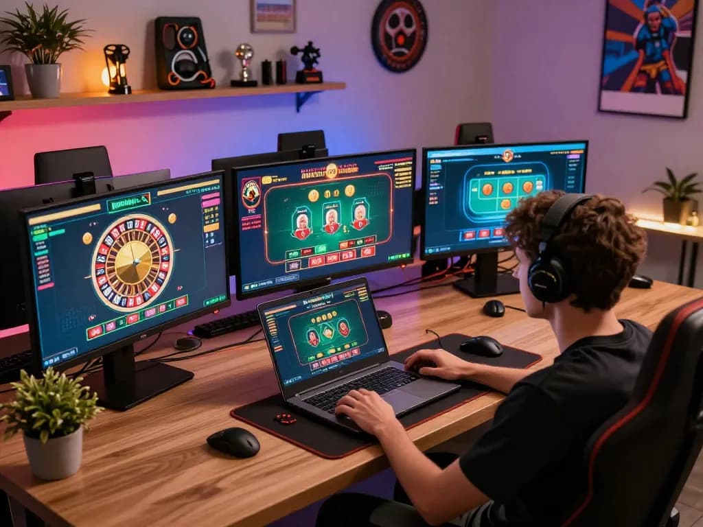 Person engaged in online casino gaming on multiple screens, highlighting excitement in the sky88 experience.