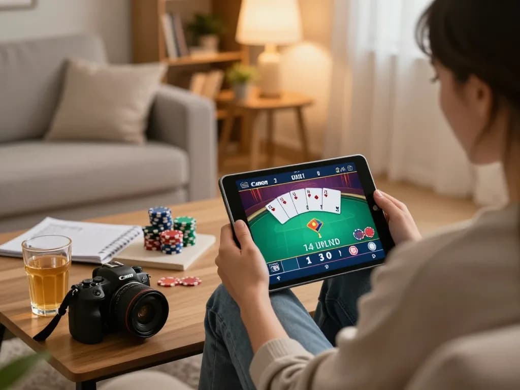 Engaging moment of online gambling at home with O8 on a tablet, capturing responsible gaming atmosphere.