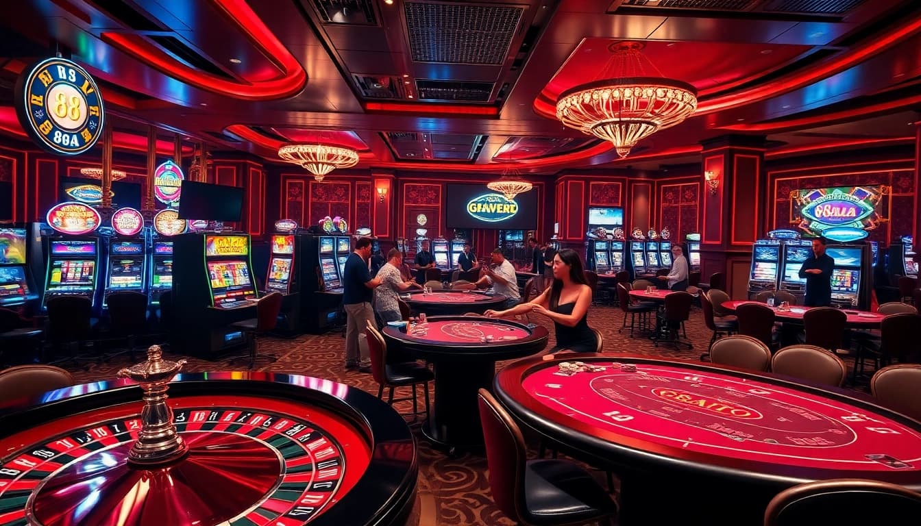 Players enjoying various games at 88aa casino, with vibrant slot machines and elegant tables.