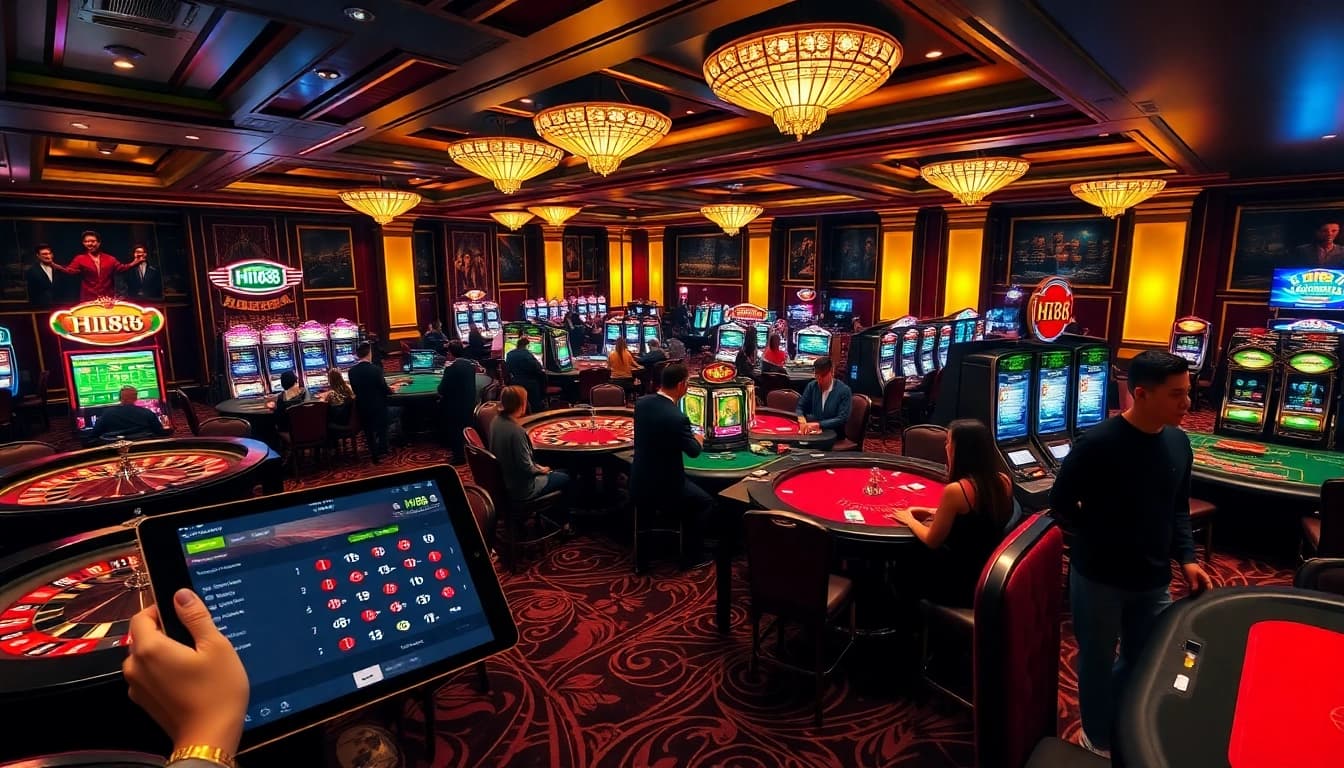 Experience thrilling gameplay at Hi88 with luxurious casino tables and vibrant slot machines.