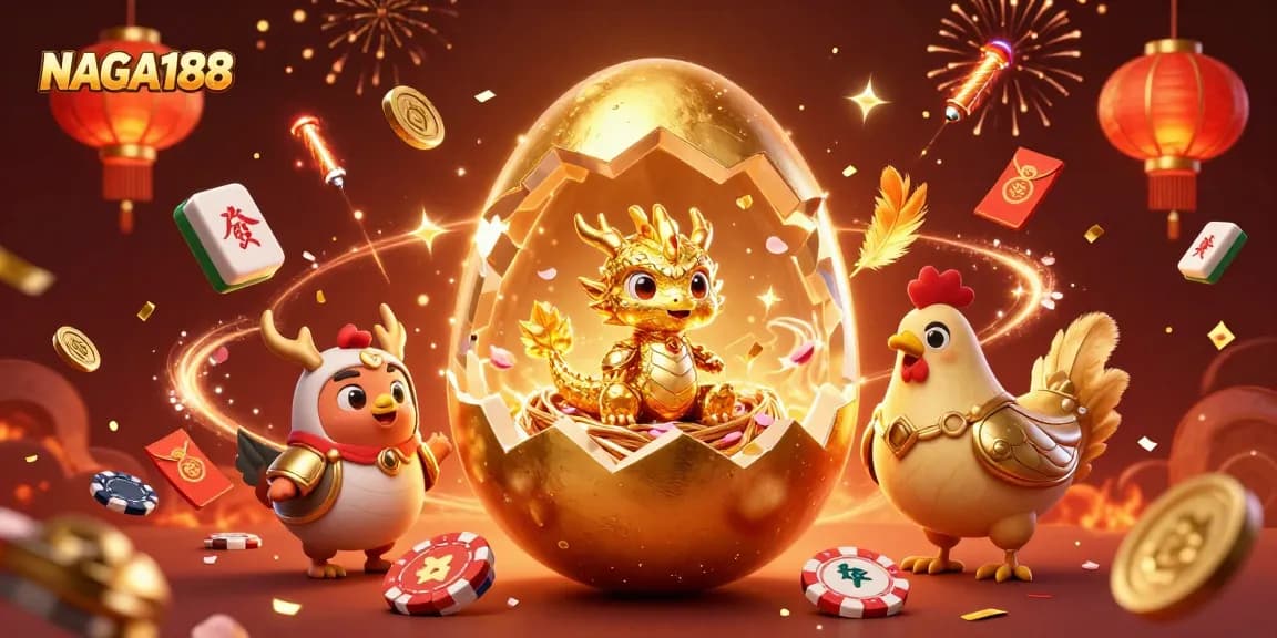 NAGA188 mempersembahkan ilustrasi 3D dengan telur emas raksasa dan naga berkilau di kasino yang meriah.