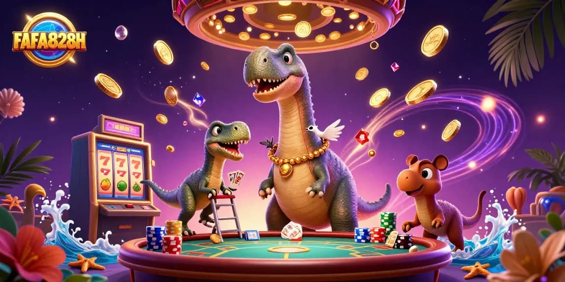 Engage with FAFA828TH's thrilling 3D casino scene featuring vibrant characters and action-packed games.