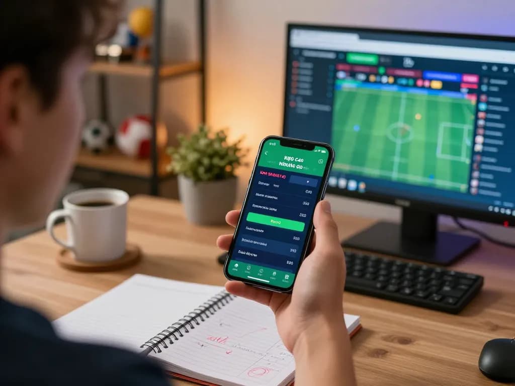 Kèo nhà cái displayed on a smartphone while placing bets in a cozy home office.