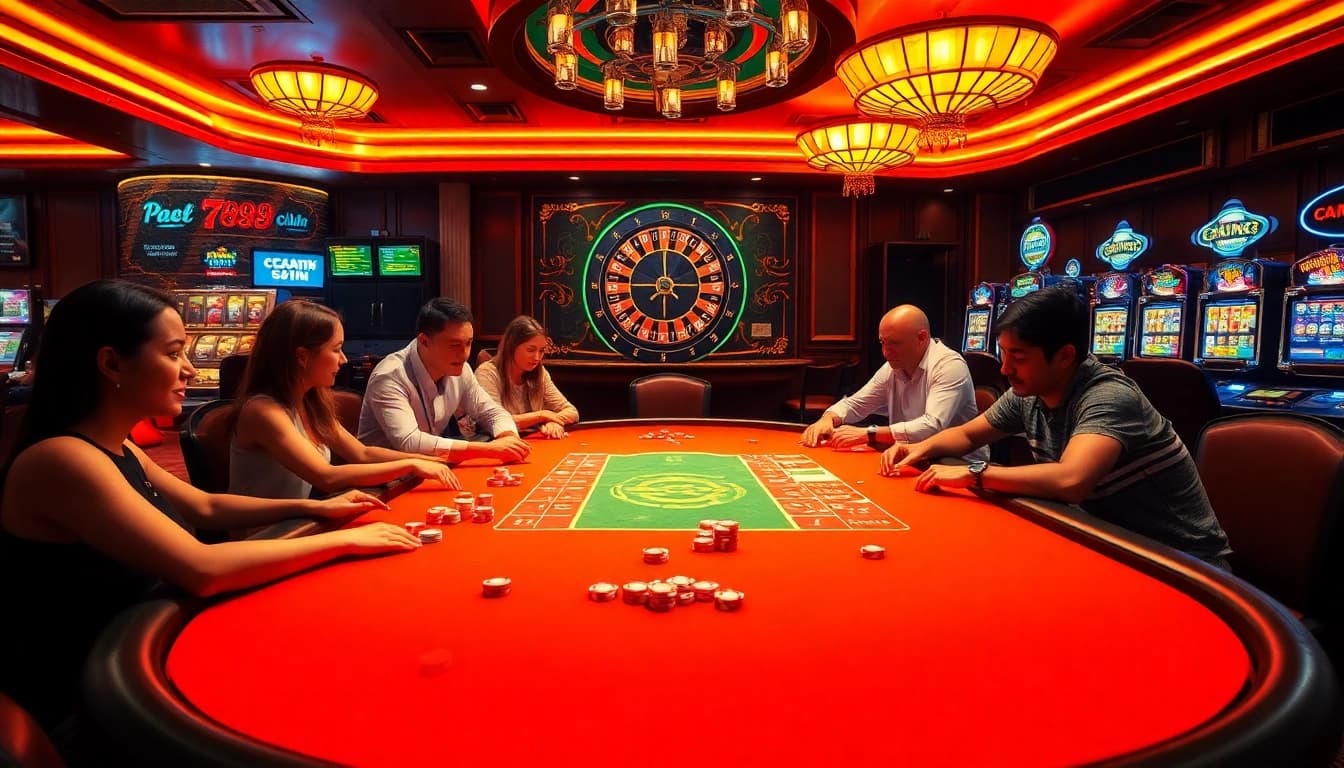 Players winning at the 789club poker table, enjoying a thrilling casino atmosphere.