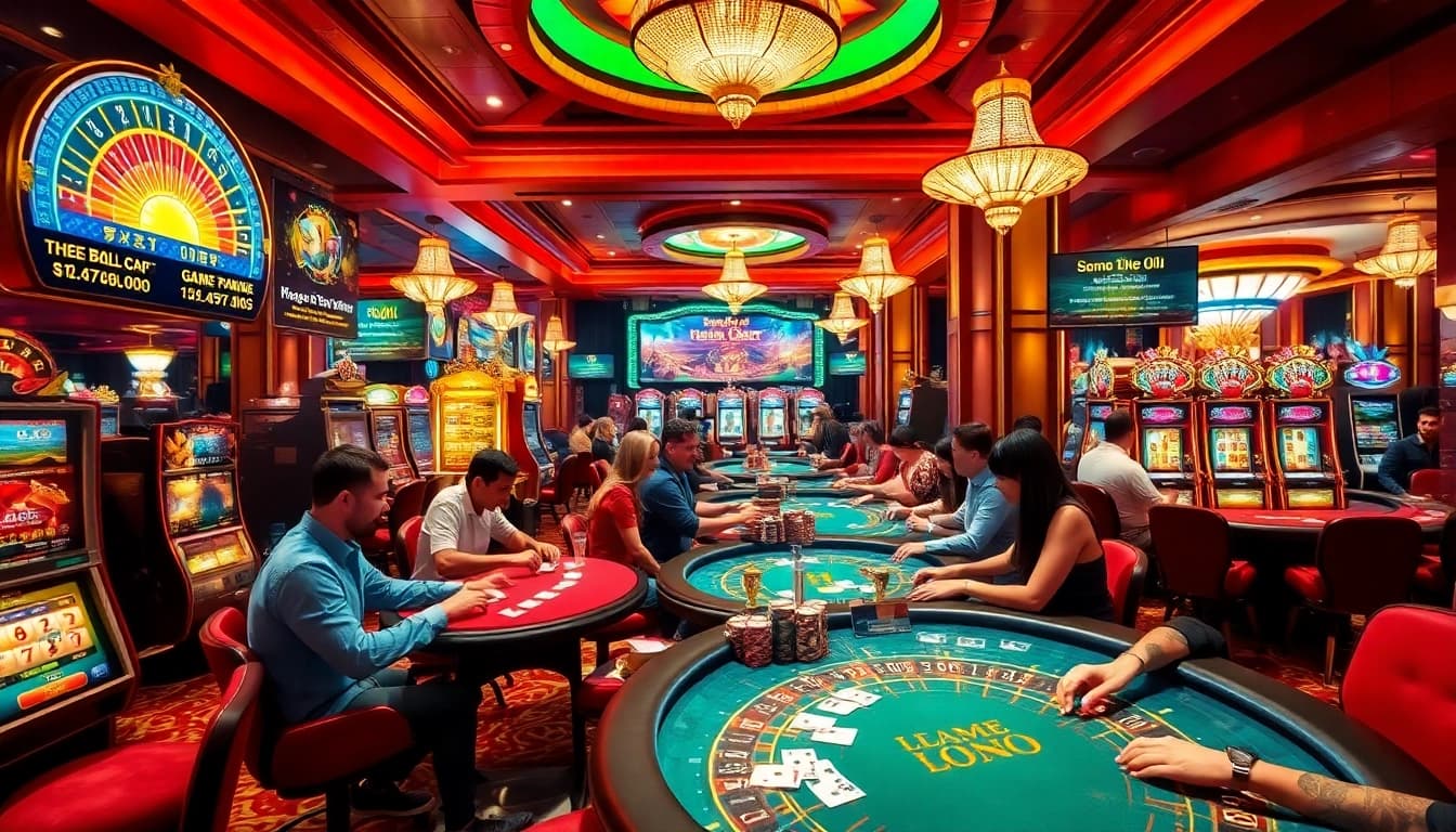 Engaging scene of players enjoying game bài đổi thưởng at a vibrant casino, showcasing excitement and strategy.