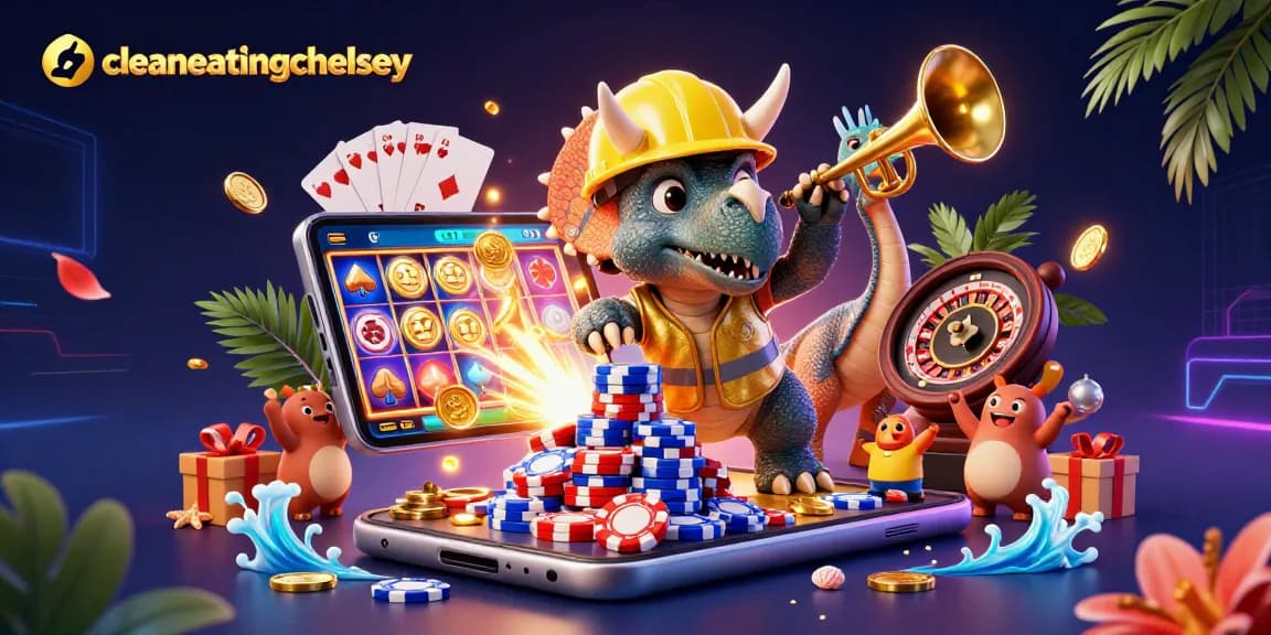 Cleaneatingchelsey showcases a vibrant casino scene with a triceratops stacking poker chips