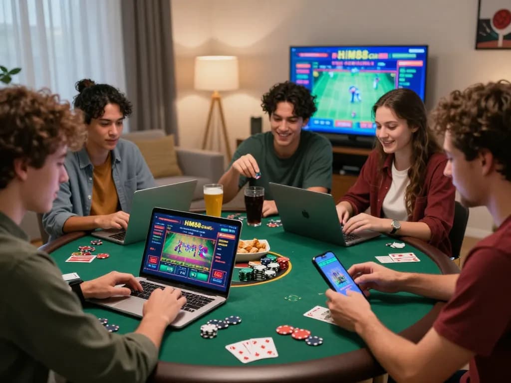 Engaged friends betting on HM88 com in a lively living room, enjoying gaming excitement.