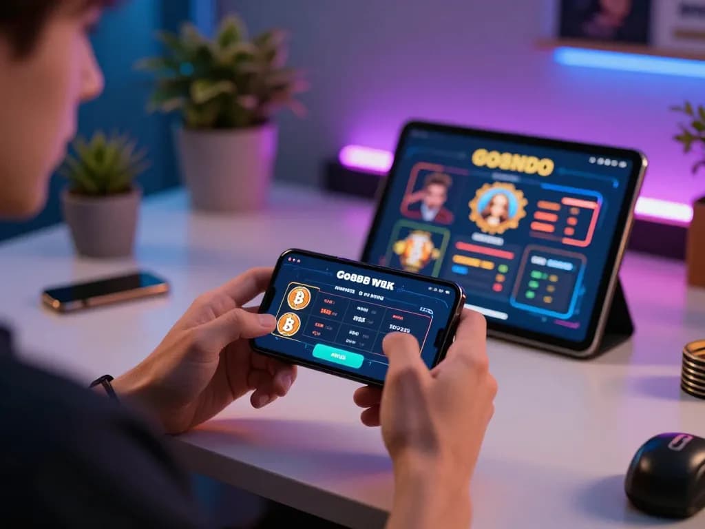 Engaging in Go88 online gaming on smartphone with vibrant setup.