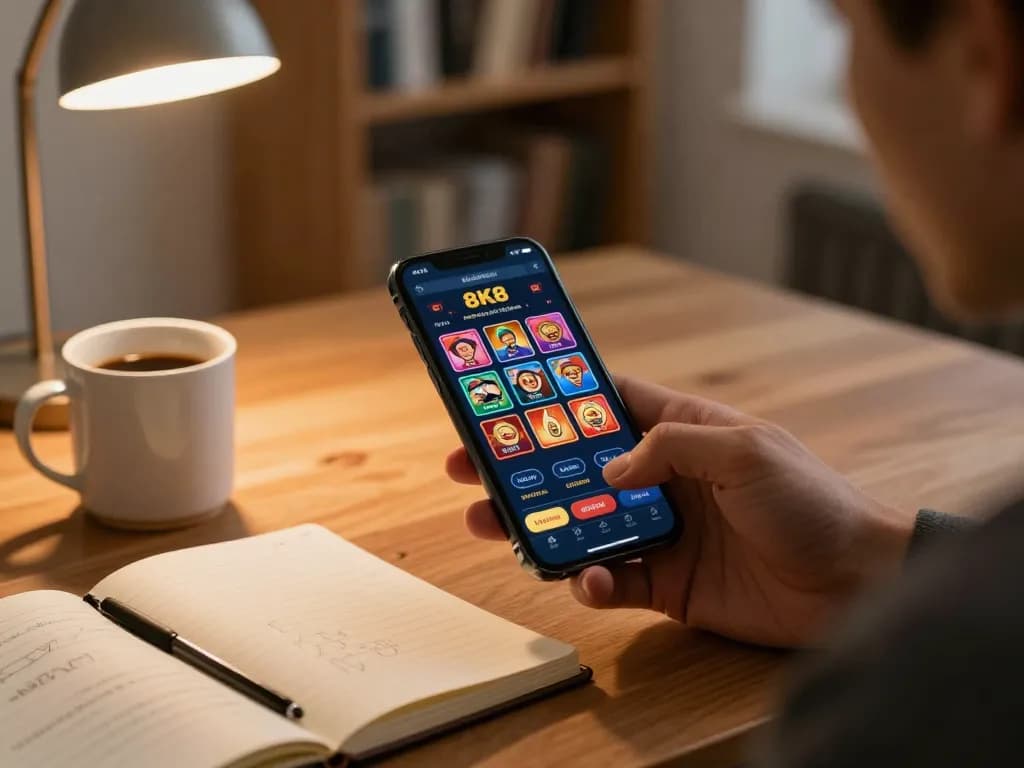 Player enjoying strategic gaming on the 8K8 mobile app in a cozy home environment.