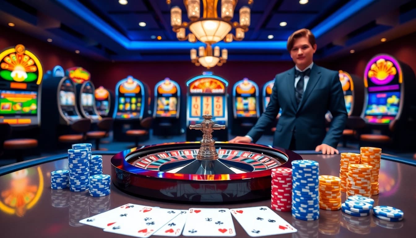 Experience excitement at fun88 with a professional dealer at a luxurious casino table, showcasing roulette and cards.