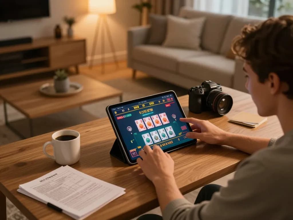 Player engaging in online casino gameplay on FLY88 tablet, showcasing dynamic card action and a cozy home atmosphere.
