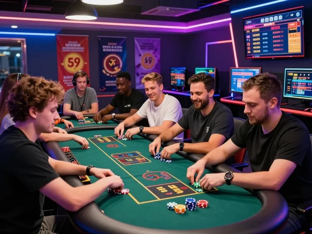 Enthusiastic players engaging in casino games at 32win, showcasing vibrant atmosphere and excitement.