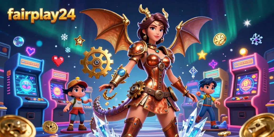 Experience the thrill of fairplay24 as a stunning woman engages with a colorful casino scene.