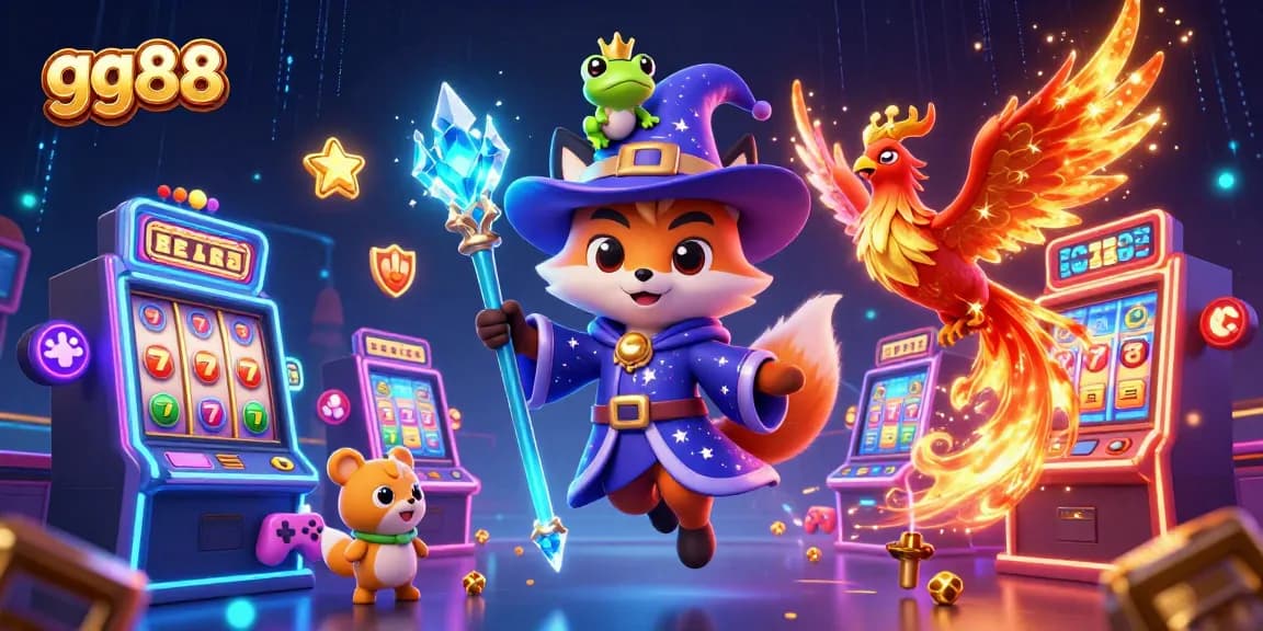 Experience gg88's thrilling slots with a wizard and a phoenix in an enchanting casino scene.