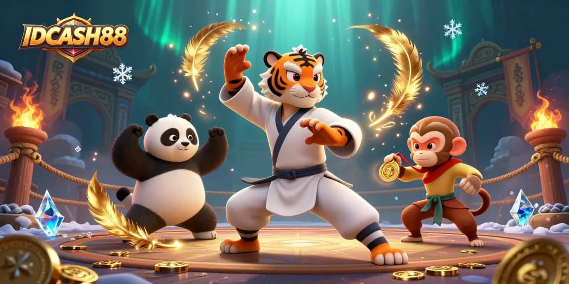 Engage with IDCASH88 slots featuring intense action, golden coins flying, and characters in an energetic casino scene.