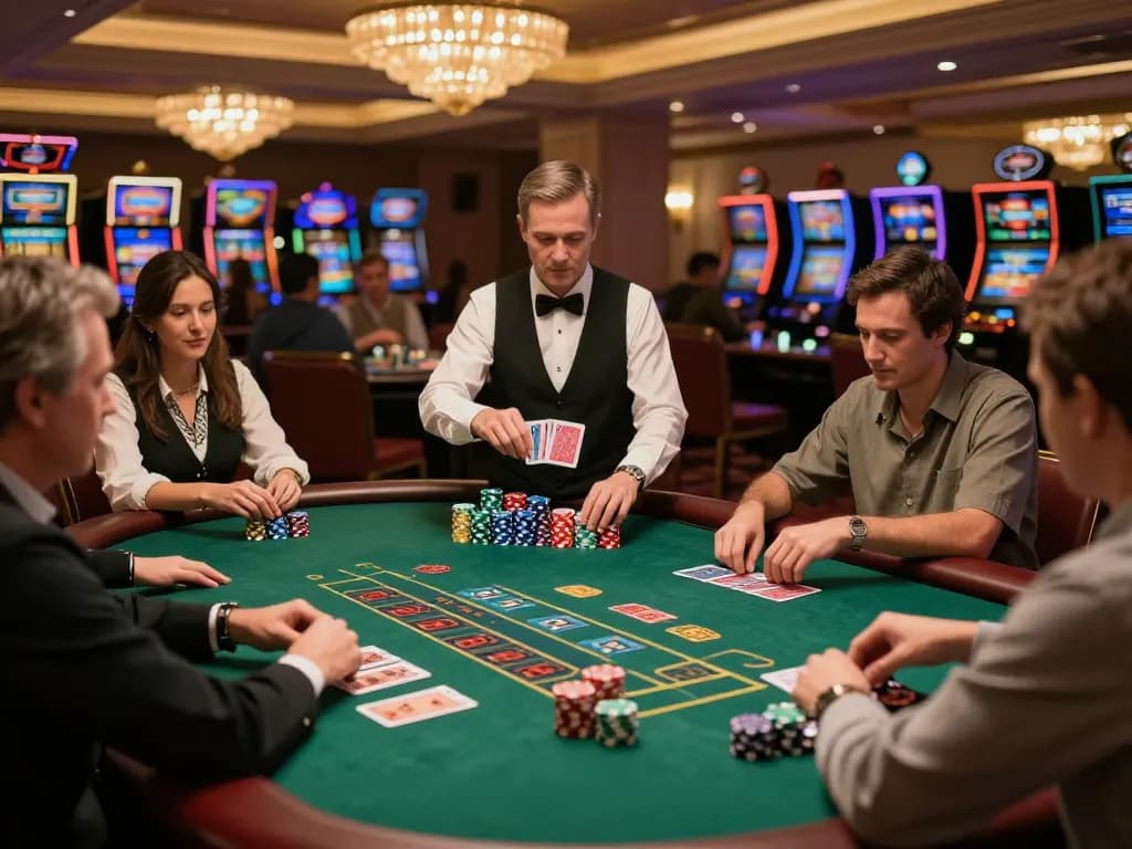 Pemain di meja blackjack di westsrestaurant, menunjukkan suasana kasino yang menarik dengan aksi yang penuh semangat.