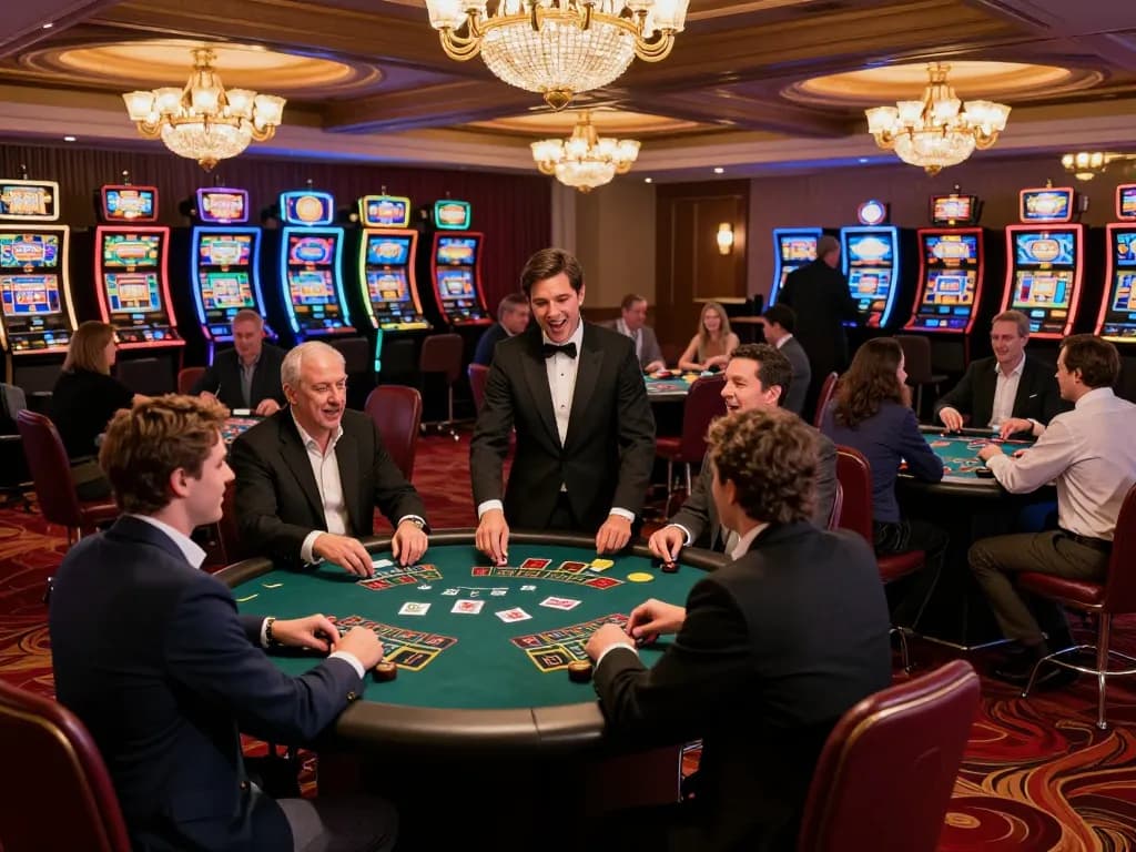 A player at blueskybuds celebrates a blackjack win in a luxurious casino setting