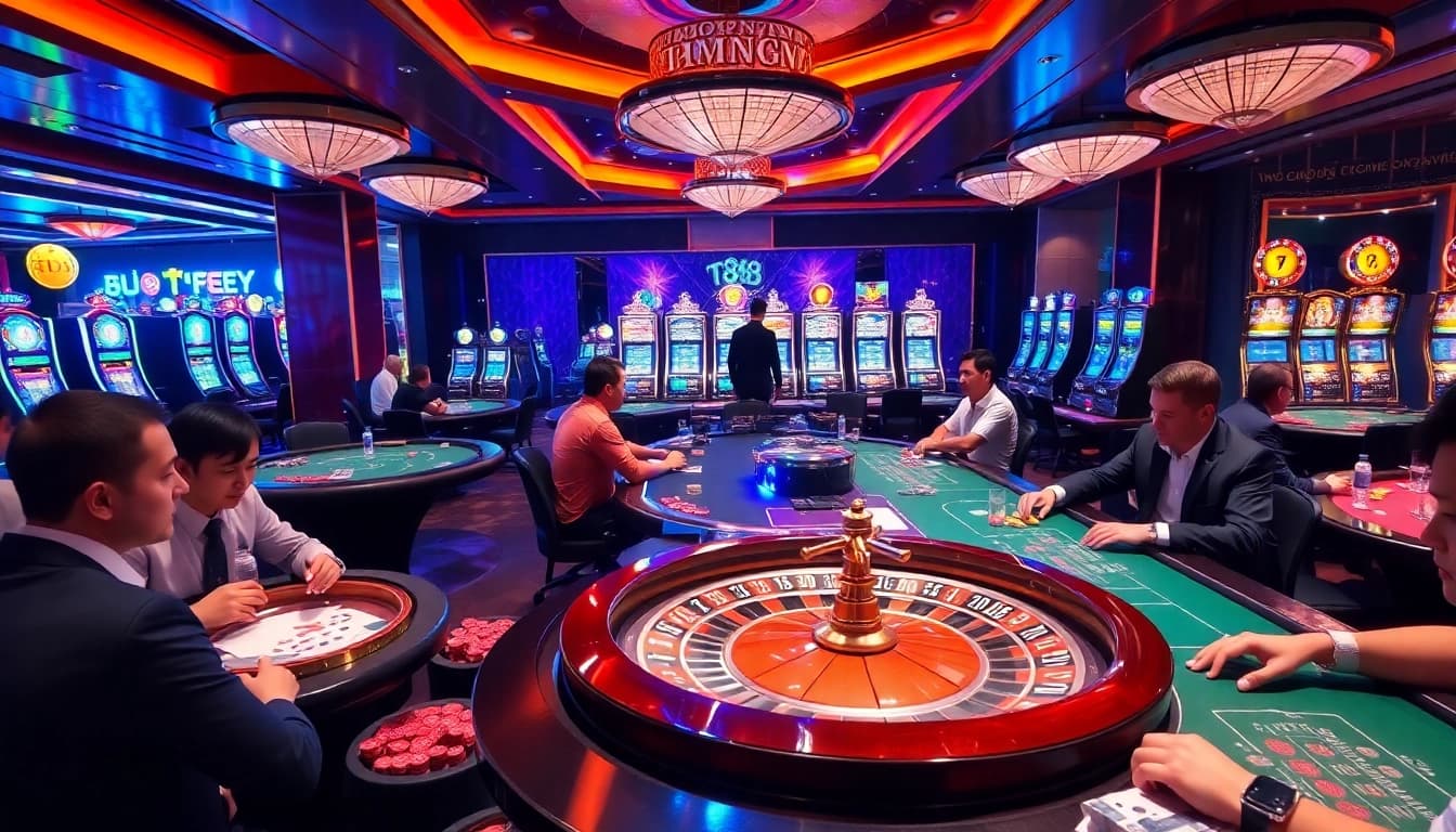 Experience thrilling gameplay at tk88's upscale casino, featuring poker tables and roulette wheels.