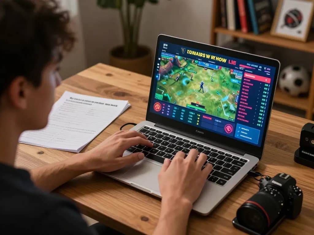Aksi taruhan olahraga online di layar laptop sambil menggunakan SPORT777 untuk pembaruan dan odds secara langsung.