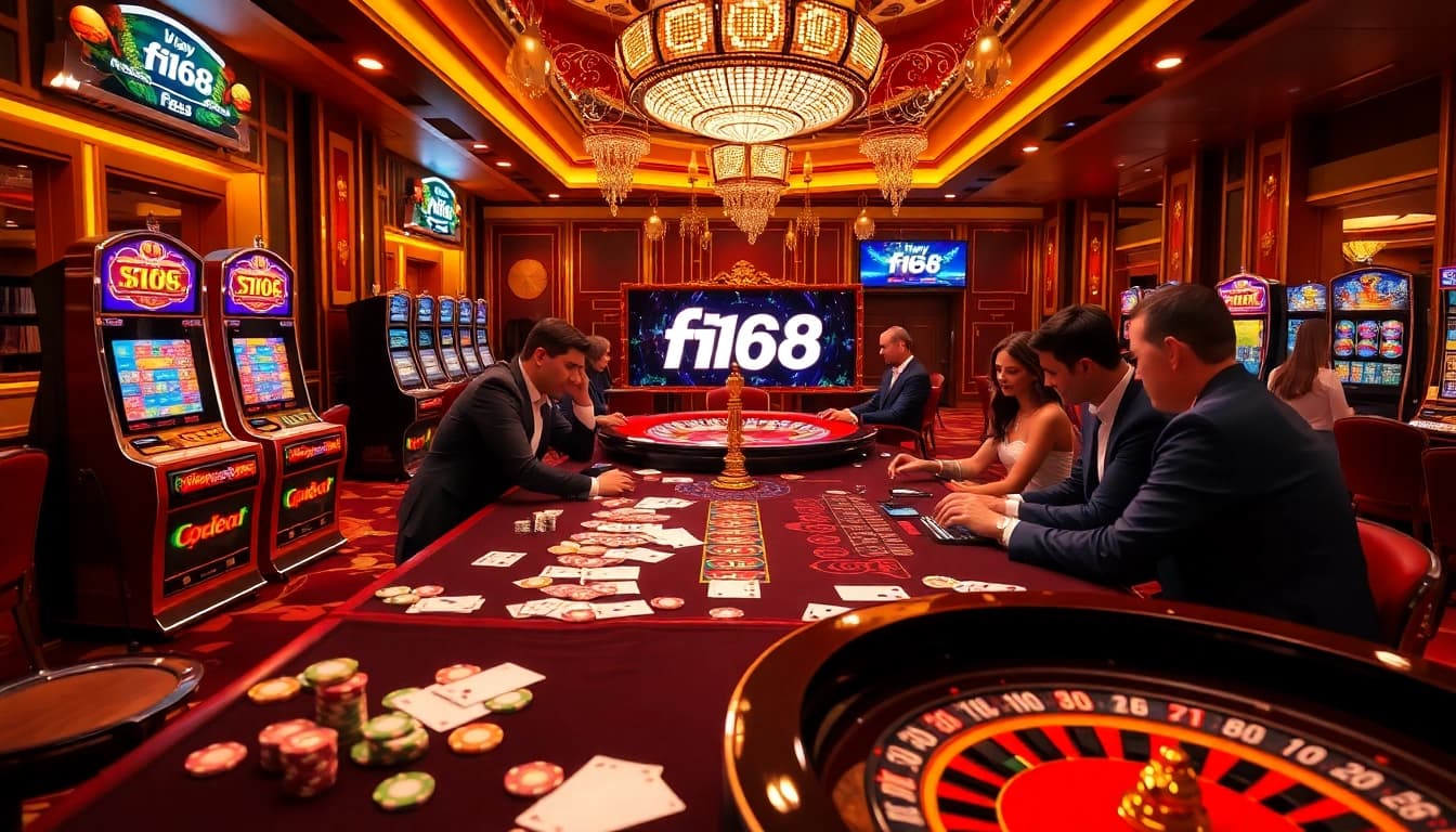 Engaged players at a table with f168 casino experience, surrounded by vibrant lights and colorful chips.