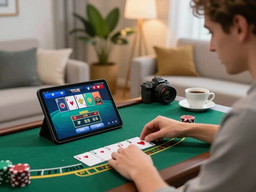 Player enjoying live dealer blackjack game on tablet at home, GG777 featuring strategic gameplay and responsible entertainment
