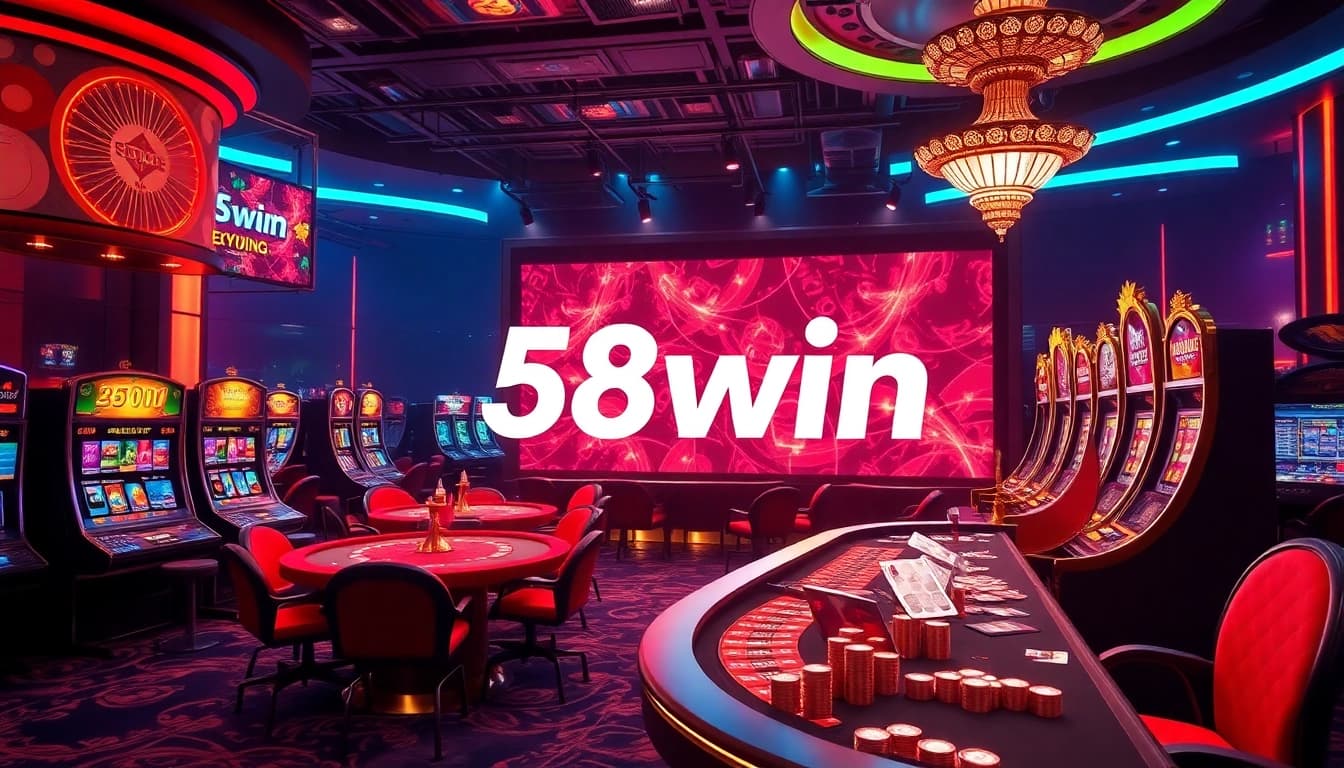 Experience thrilling gaming moments at 58win's vibrant casino tables filled with chips and cards.