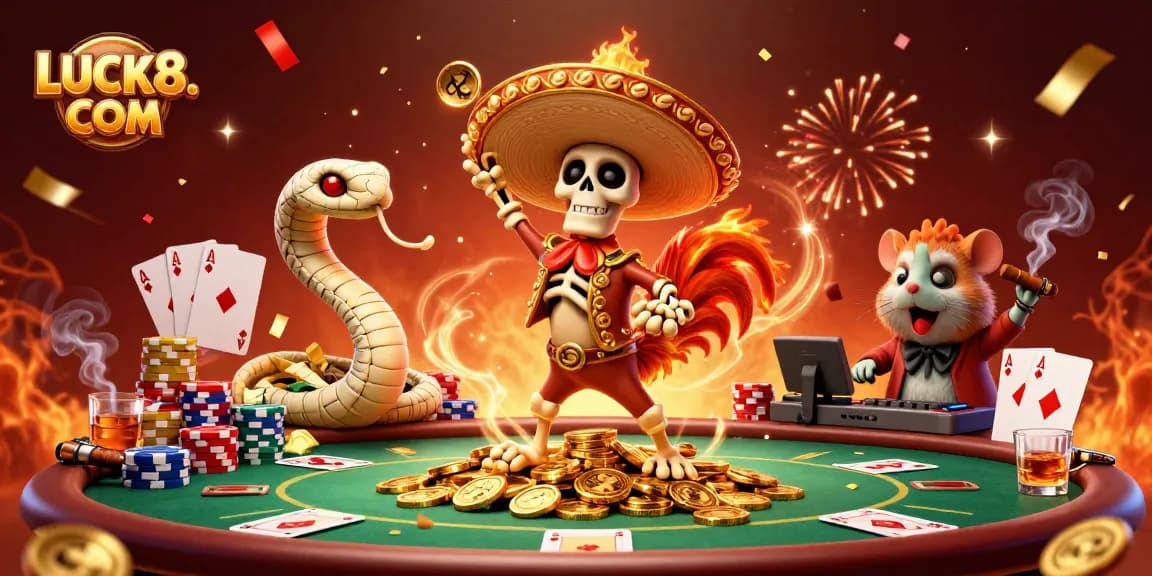 Experience the excitement of LUCK8. COM with vibrant casino characters dancing on coins.
