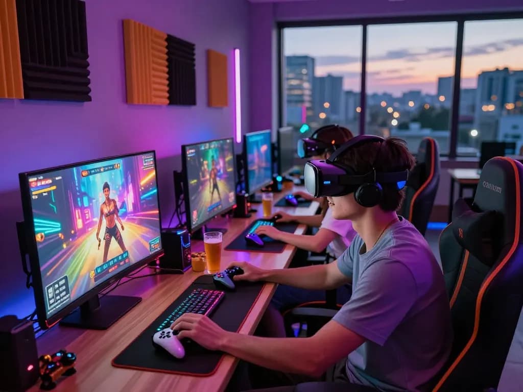 Players enjoying an immersive porn game session in a vibrant gaming lounge with modern decor.