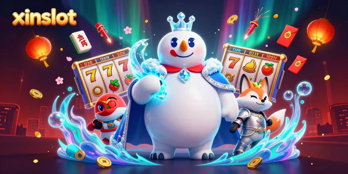 XINSLOT showcases an exciting casino scene featuring a polar bear and snow fox amidst rich gaming elements.