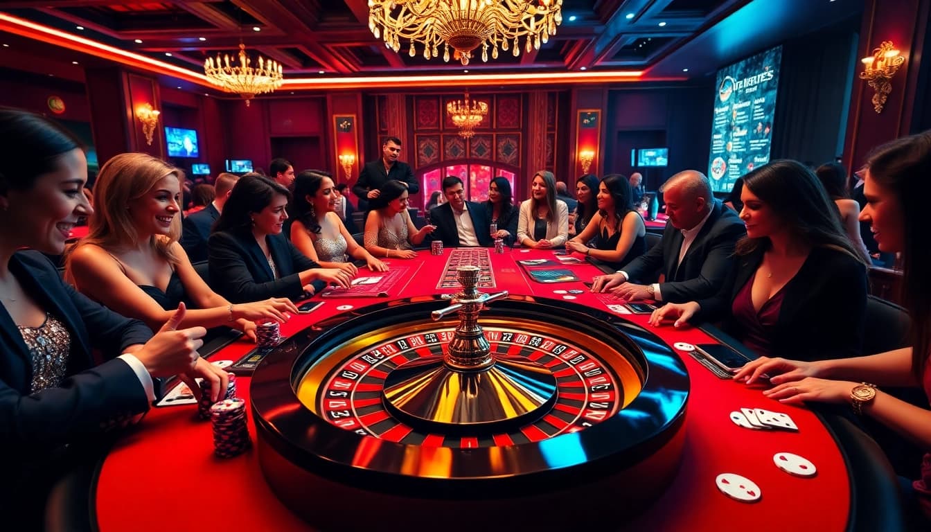 C168 GAME enthusiasts engaged in an exciting casino atmosphere, showcasing poker chips, cards, and roulette.