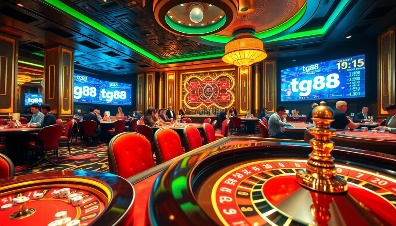 Players enjoy a thrilling game scene in tg88 casino, highlighted by vibrant tables and exciting gambling action.