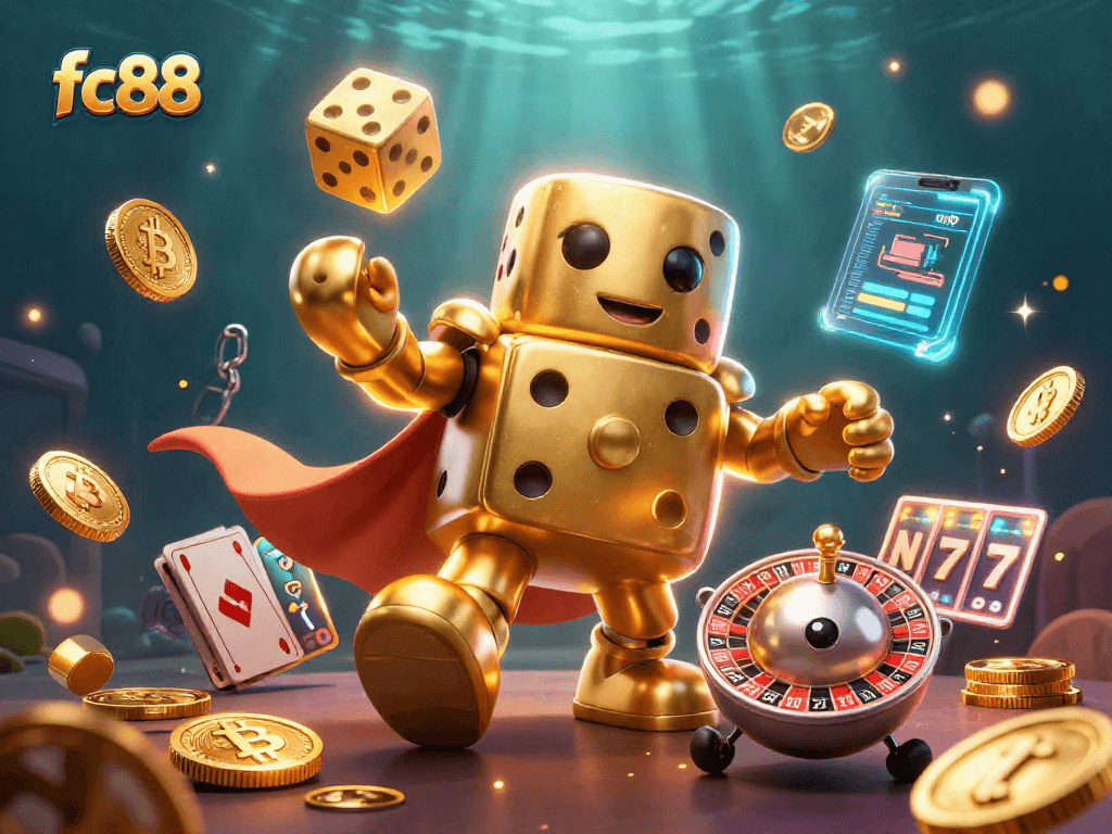 Khu vực game fc88 nổi bật với nhân vật xúc xắc vàng khổng lồ và nhiều biểu tượng game hấp dẫn xung quanh.