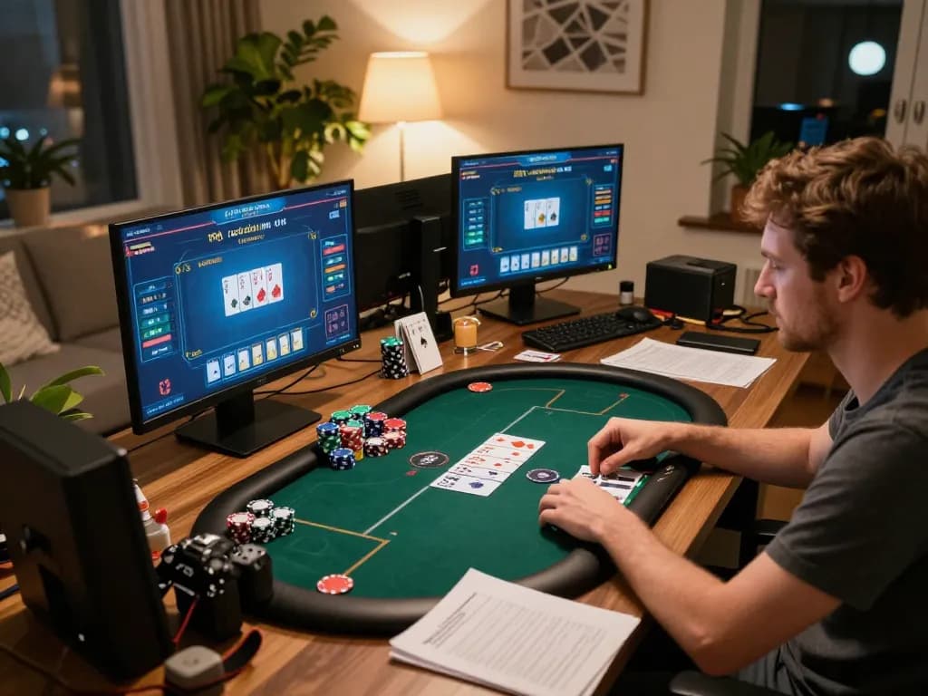 SUNWIN poker player analyzing strategies with multiple screens, expressing focus in an inviting home setup.