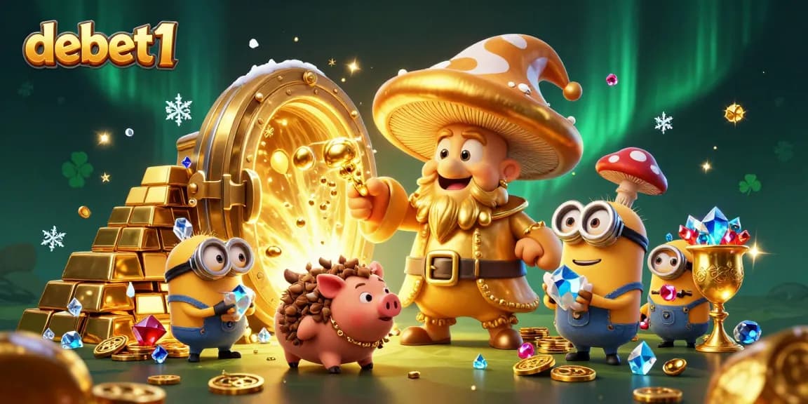 Experience winning moments with debet1 featuring a magical mushroom wizard and treasure in a vibrant casino scene