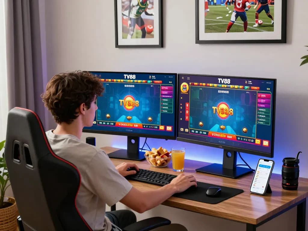 Engaged player using TV88 com for online gaming experience in a cozy home setting.