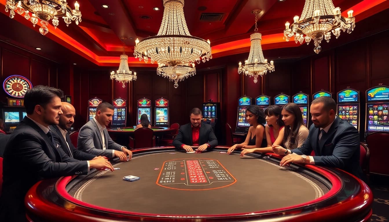 Experience the thrill of luck8 at a luxurious casino poker table with engaged players.