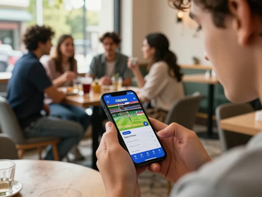 Player engaging with the Crickex app on a smartphone during a cricket match in a lively café setting.