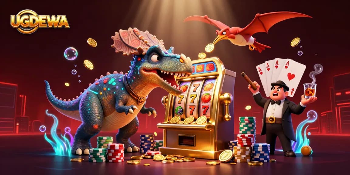 UGDEWA features a cartoon dinosaur winning slot jackpots amidst a vibrant casino scene.