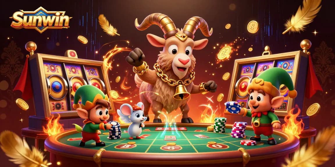 Experience thrilling gameplay at Sunwin with a lively 3D casino scene featuring Krampus, a mouse, and mischievous gremlins.