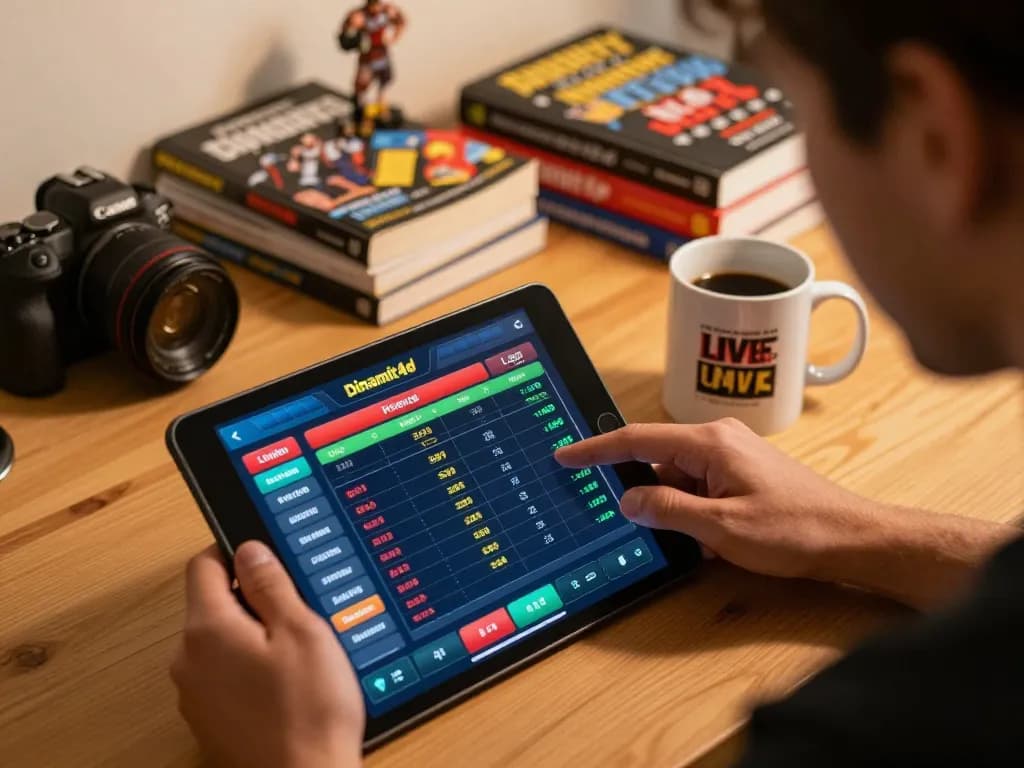Person analyzing dinamit4d sports betting interface on tablet, showcasing strategic decision-making in a cozy home office.