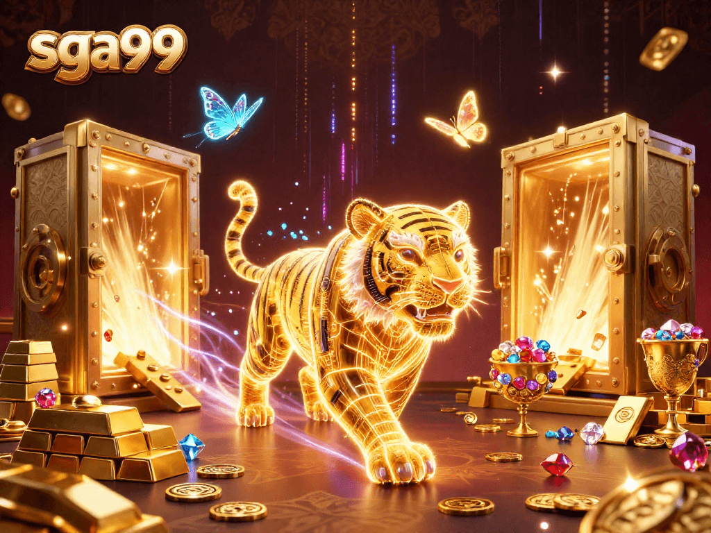 Spin and win at sga99 with a vibrant 3D casino scene featuring a golden tiger and treasures.