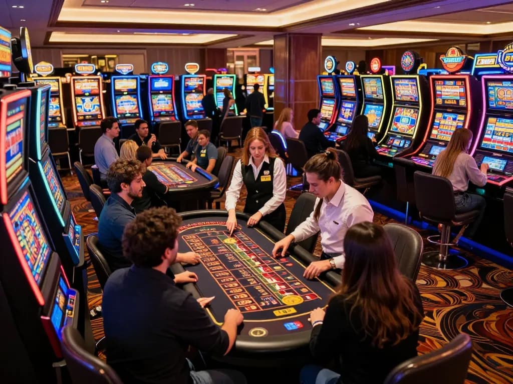 FC88 players enthusiastically betting at a vibrant casino floor filled with slot machines and roulette action.