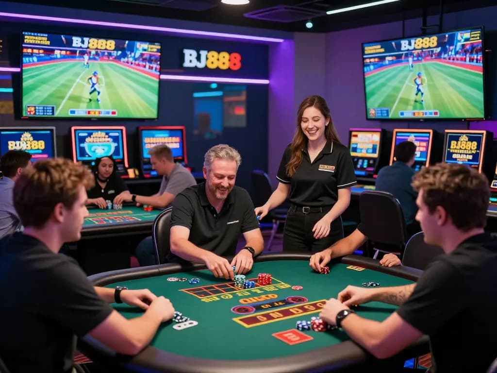 Players enjoying various games at BJ888 casino, showcasing diverse gaming experiences and an energetic atmosphere.