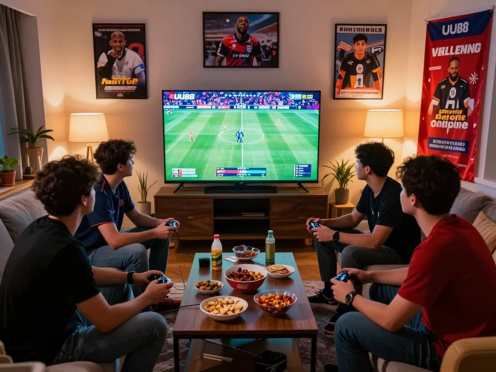 Friends enjoying an online betting experience with UU88 during a live sports event.