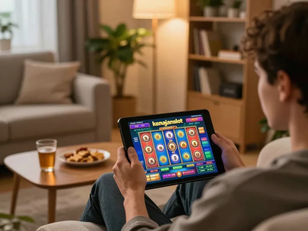 Engaged player enjoying kerajaanslot games on tablet in cozy home setting with drinks and snacks.