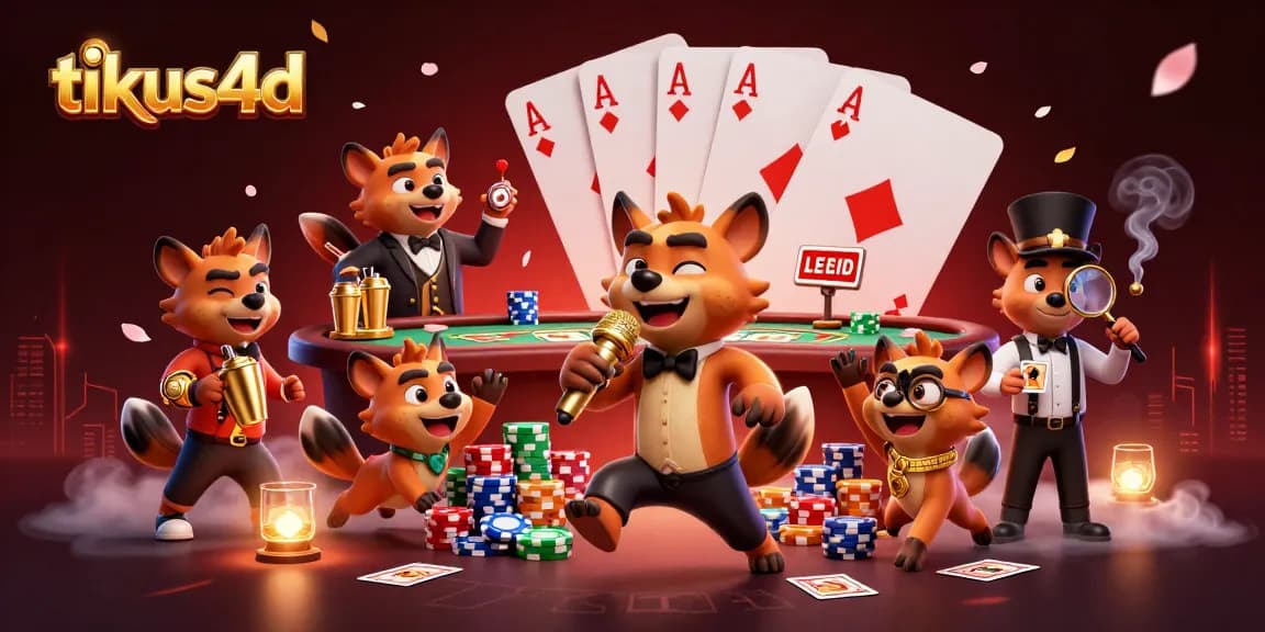 Tikus4d hyenas performing comedy in a vibrant casino scene with poker elements and lively atmosphere