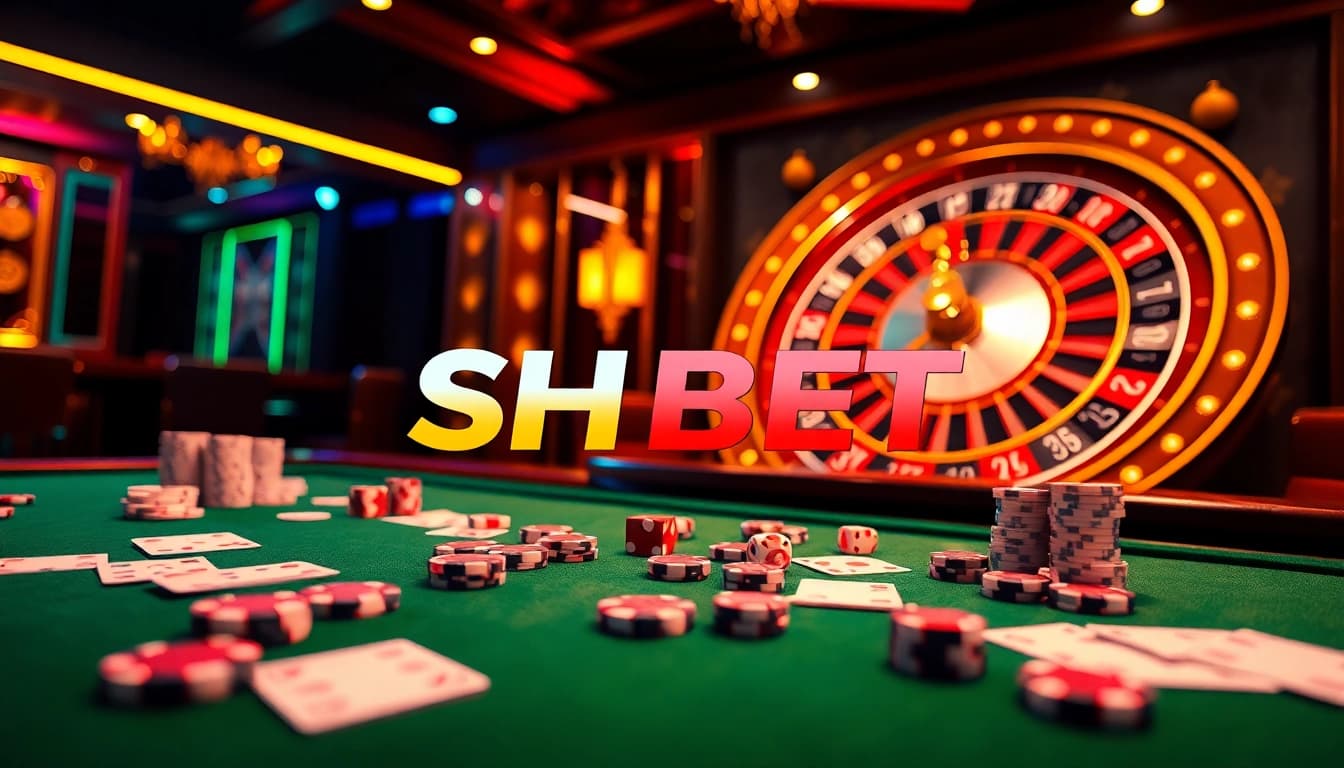 Experience high-stakes gaming at SHBET with vibrant casino visuals of poker chips and tables.