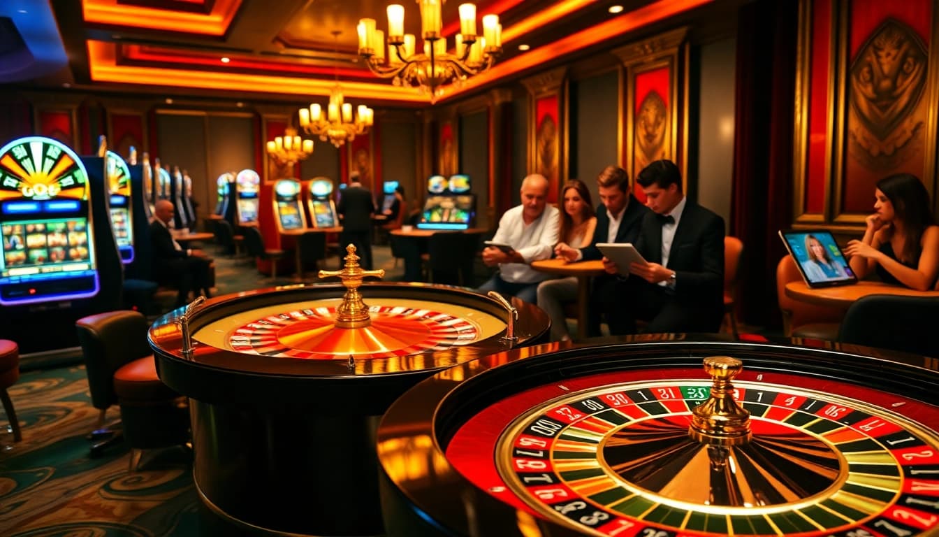 Action-packed scene at a lavish casino featuring go8 players engaged in roulette and poker.